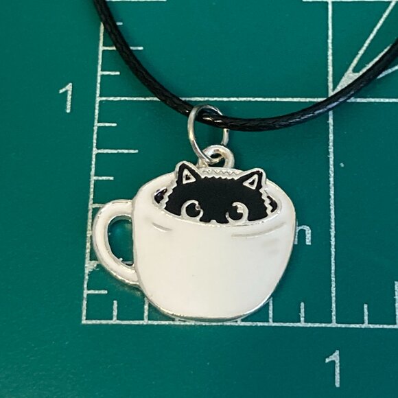 Black Cat Charm Pendant Necklace 16-18" Enamel Coffee Cup Halloween Cat Lady - Picture 7 of 8